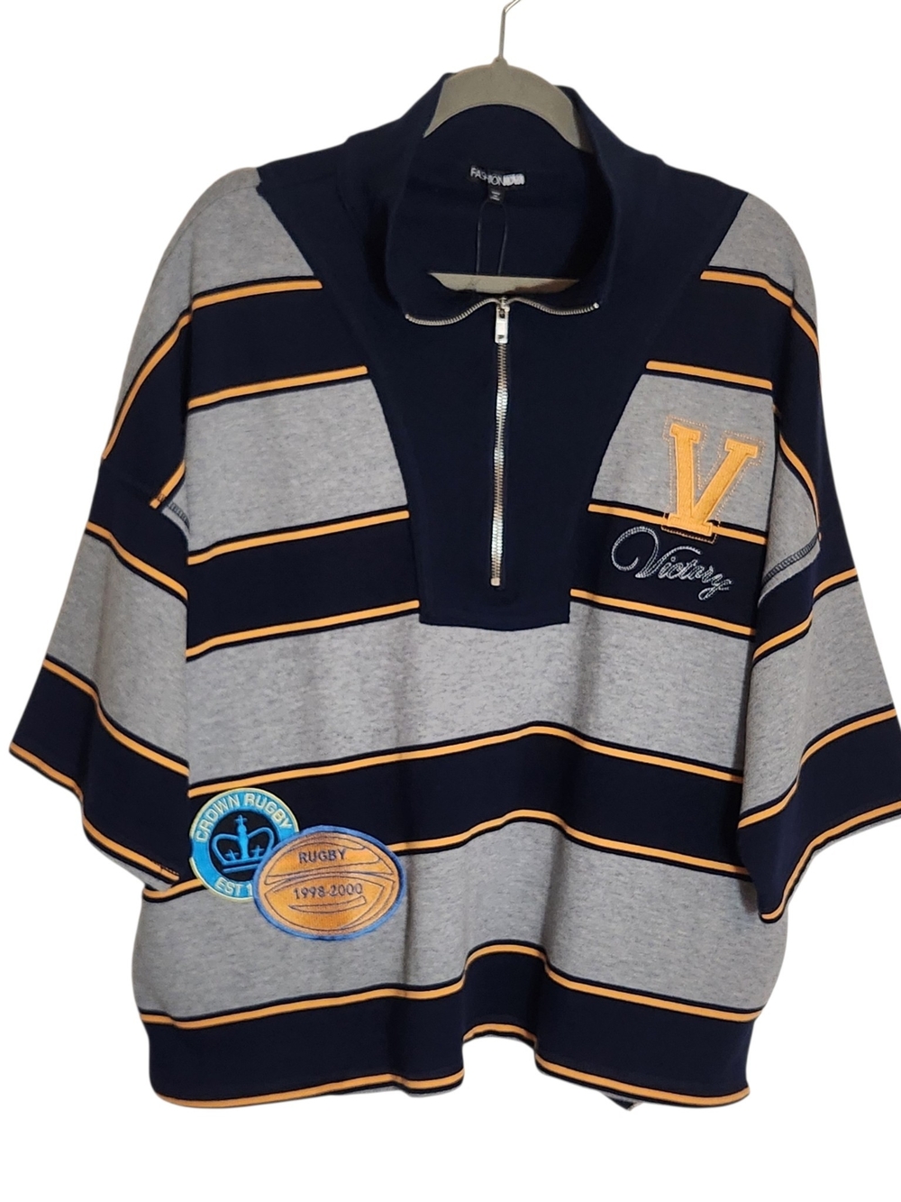 Fashion Nova Navy Striped Rugby Quarter Zip Top Size 1X NWT
